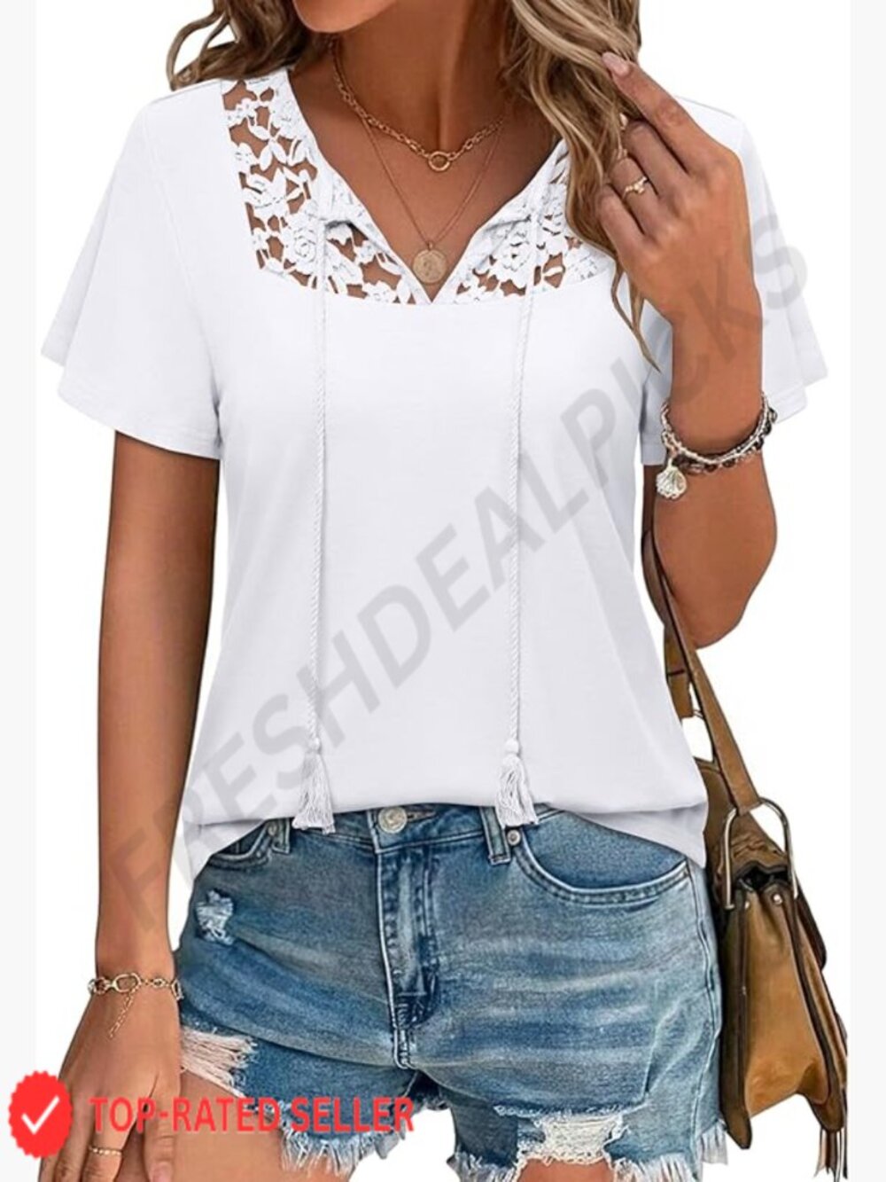 Boho Tunic Blouse Lace Trim Tassel Tie Front Flowy Chic Vacation Outfit